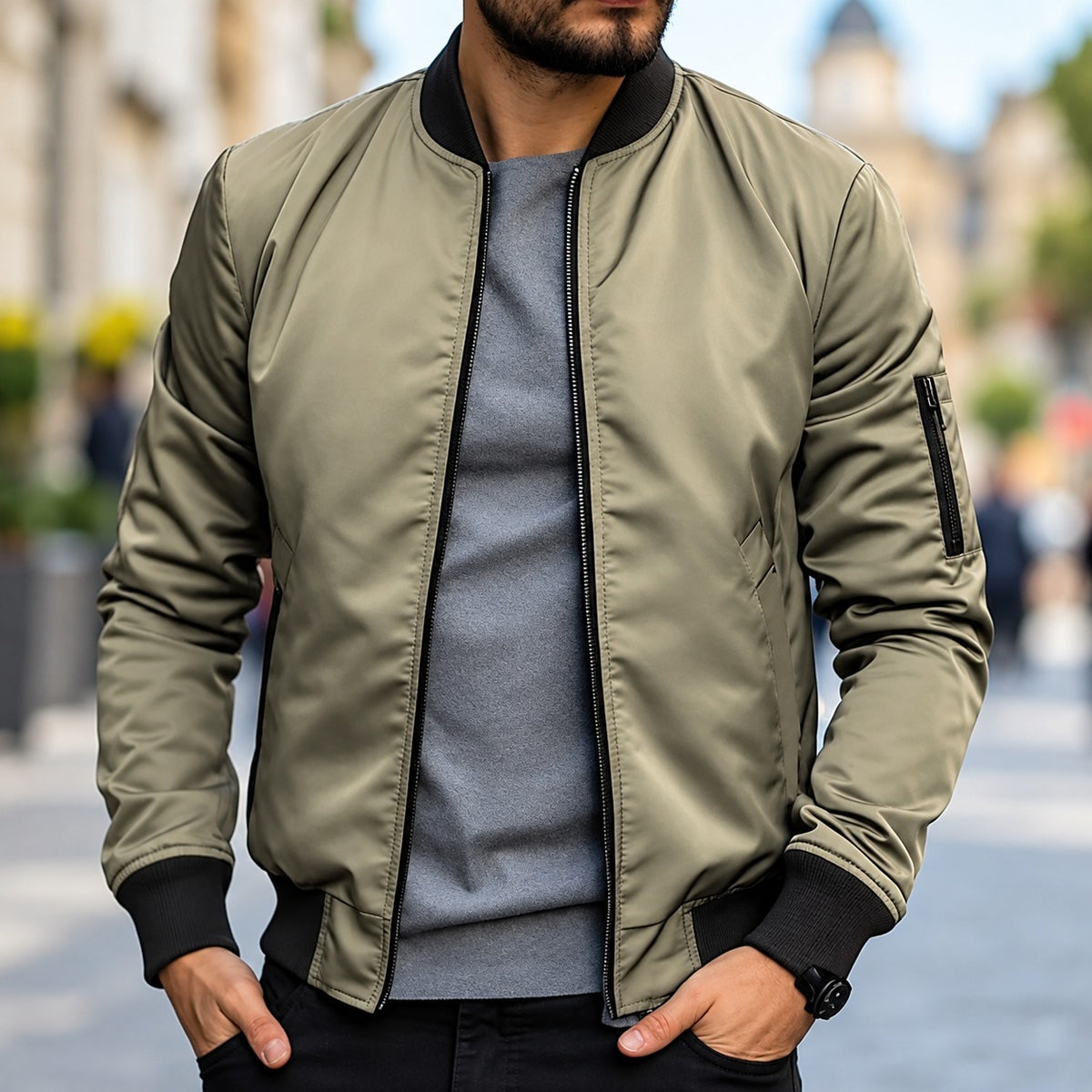 Chaqueta bomber para hombre ajuste clásico con puños acanalados y cierre de cremallera