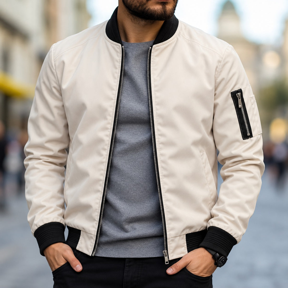 Chaqueta bomber para hombre ajuste clásico con puños acanalados y cierre de cremallera