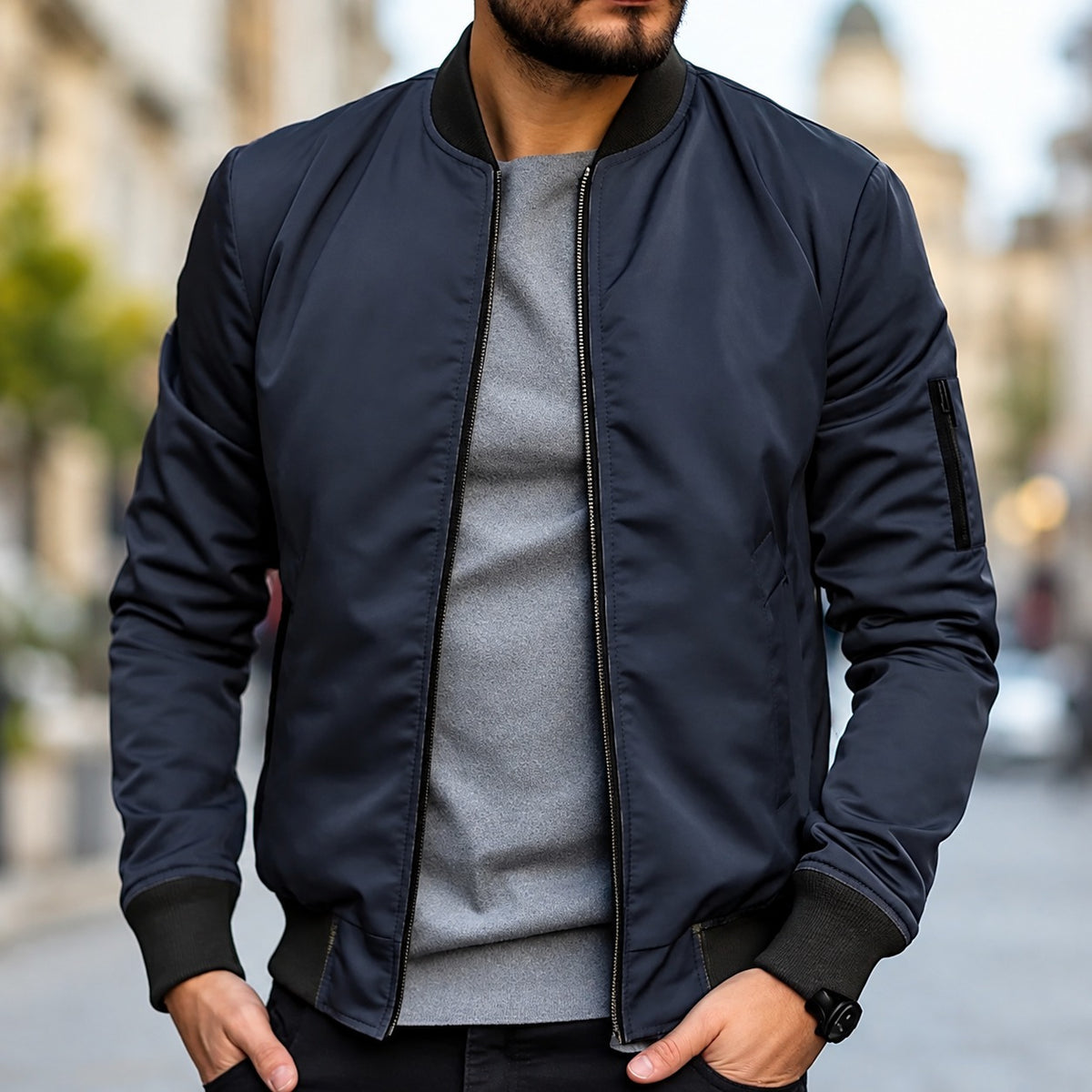 Chaqueta bomber para hombre ajuste clásico con puños acanalados y cierre de cremallera