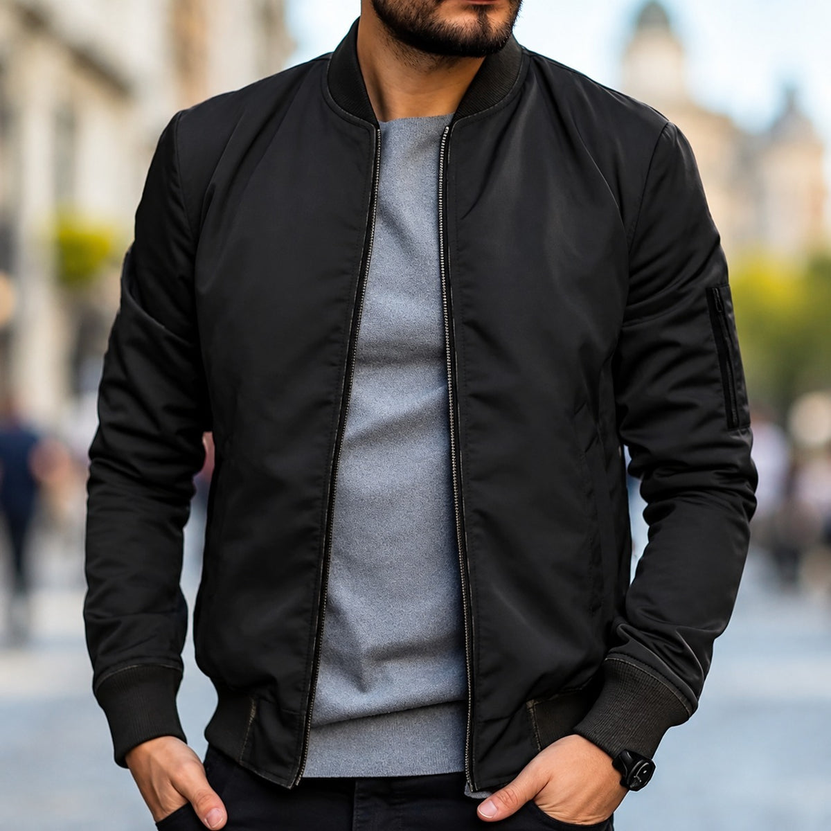 Chaqueta bomber para hombre ajuste clásico con puños acanalados y cierre de cremallera