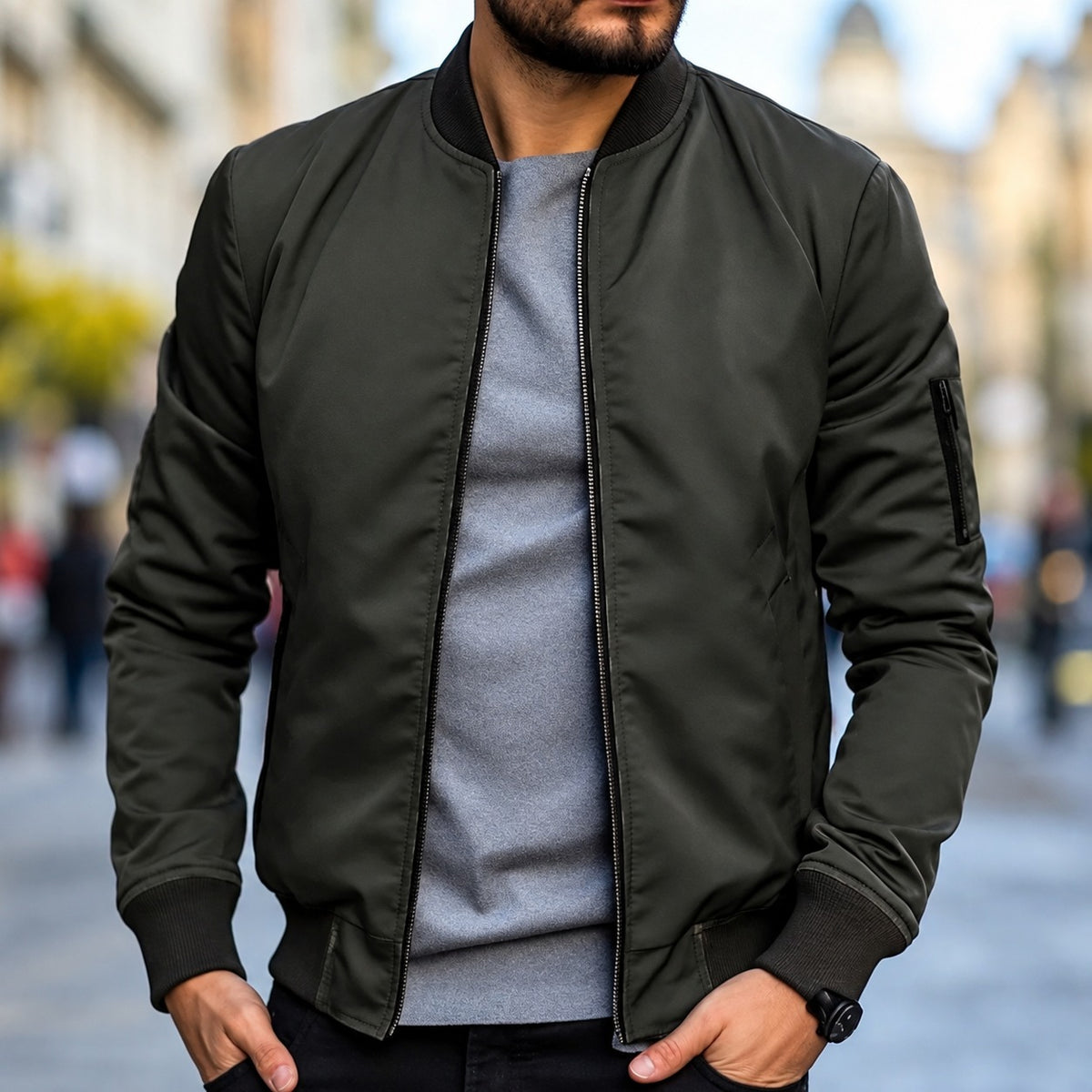 Chaqueta bomber para hombre ajuste clásico con puños acanalados y cierre de cremallera