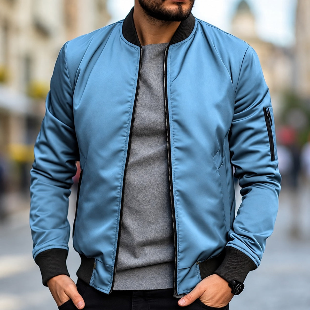 Chaqueta bomber para hombre ajuste clásico con puños acanalados y cierre de cremallera