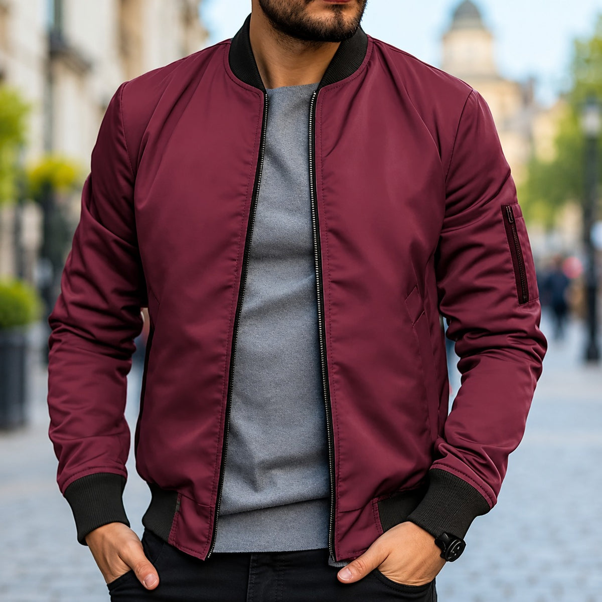 Chaqueta bomber para hombre ajuste clásico con puños acanalados y cierre de cremallera