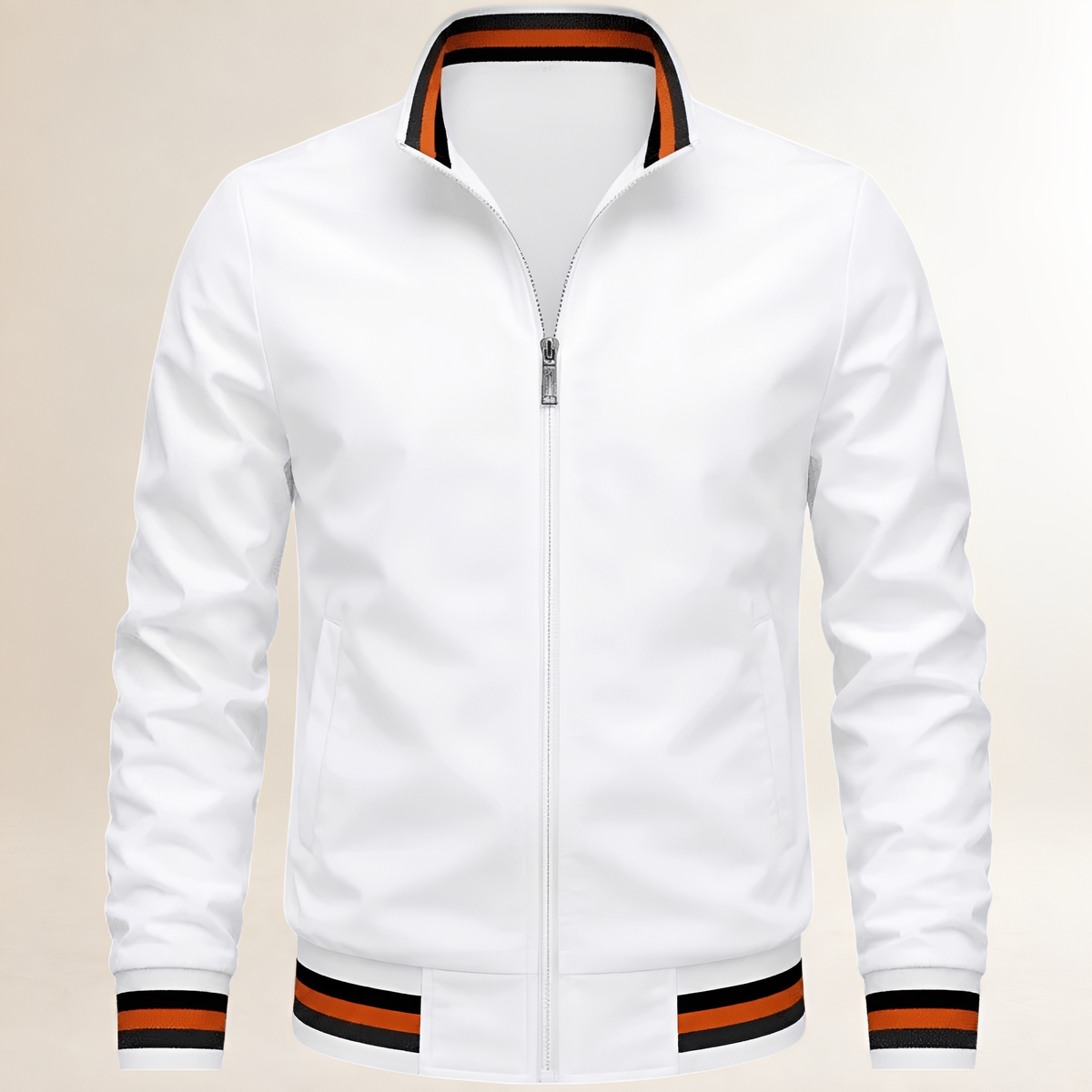 Chaqueta bomber para hombre con cremallera frontal y cuello alto - puños y dobladillos ribeteados a rayas, bolsillos oblicuos