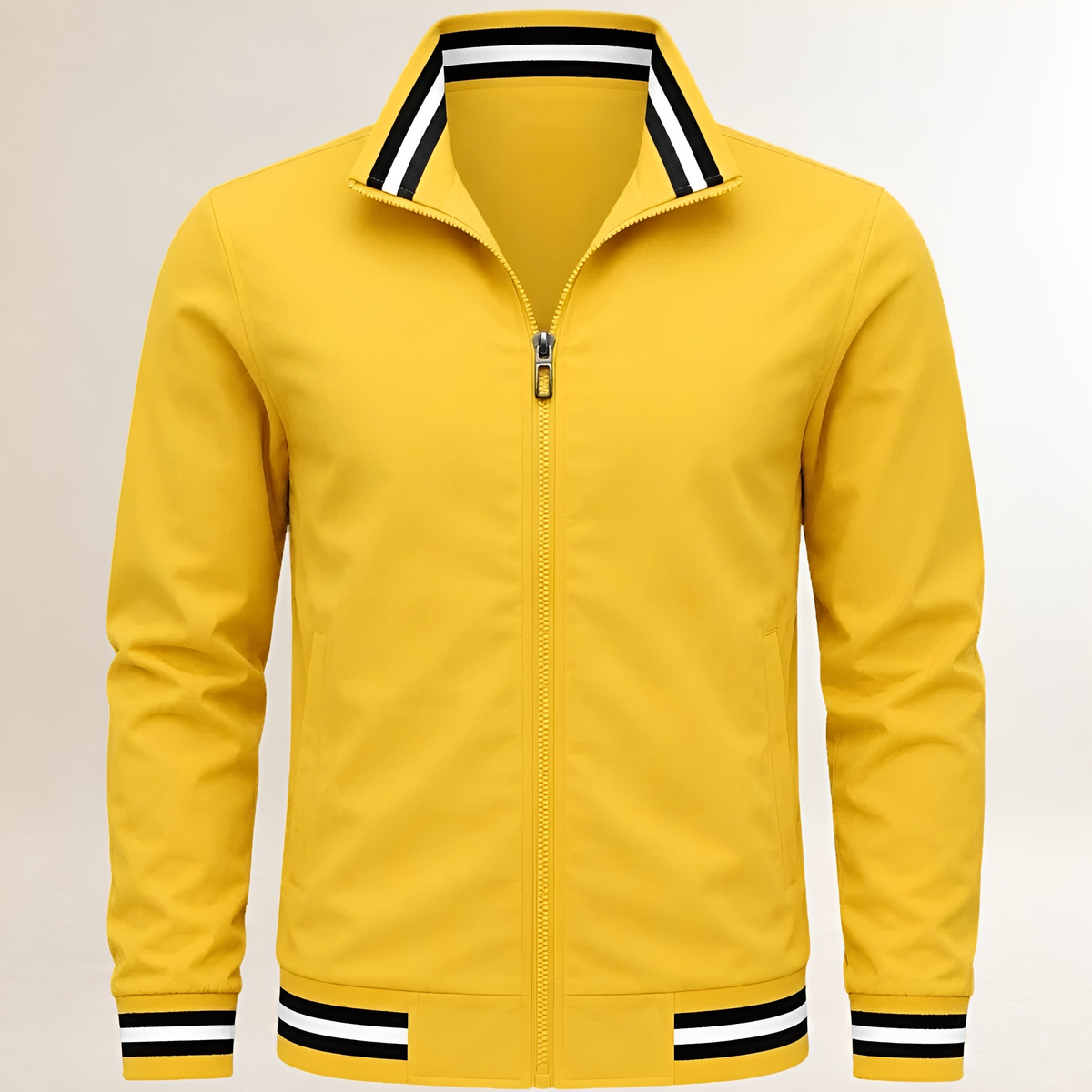 Chaqueta bomber para hombre con cremallera frontal y cuello alto - puños y dobladillos ribeteados a rayas, bolsillos oblicuos