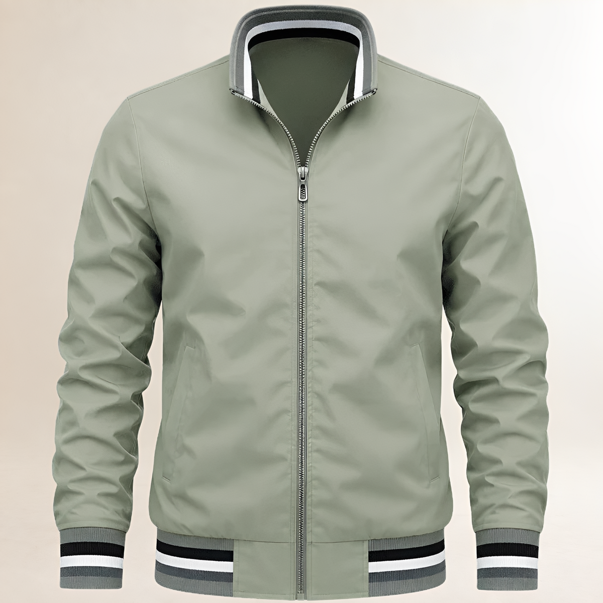 Chaqueta bomber para hombre con cremallera frontal y cuello alto - puños y dobladillos ribeteados a rayas, bolsillos oblicuos