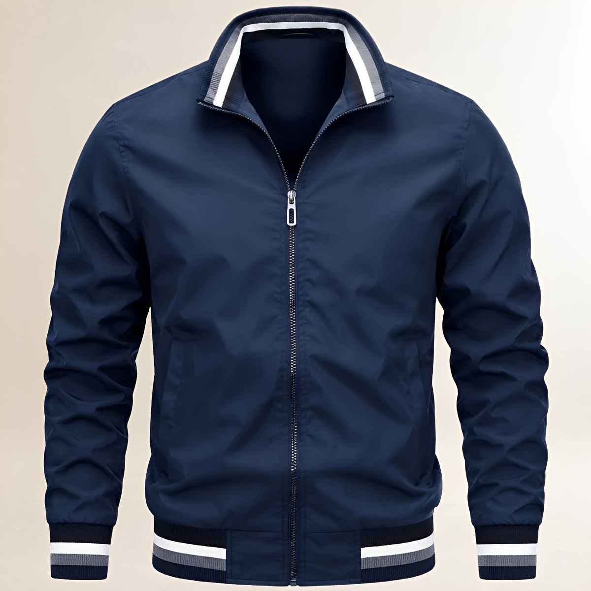 Chaqueta bomber para hombre con cremallera frontal y cuello alto - puños y dobladillos ribeteados a rayas, bolsillos oblicuos