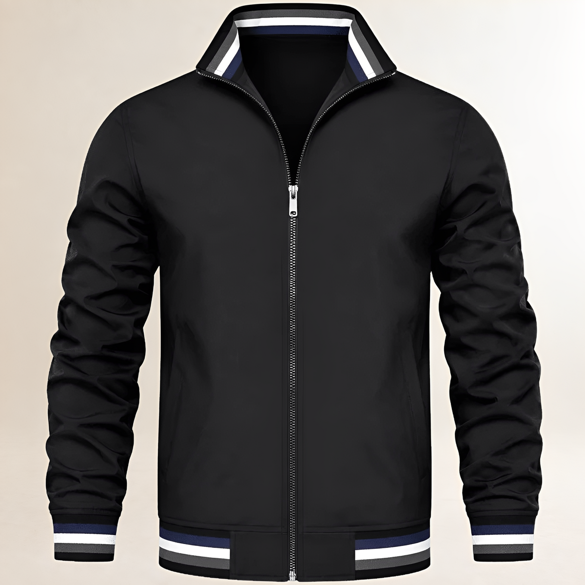 Chaqueta bomber para hombre con cremallera frontal y cuello alto - puños y dobladillos ribeteados a rayas, bolsillos oblicuos