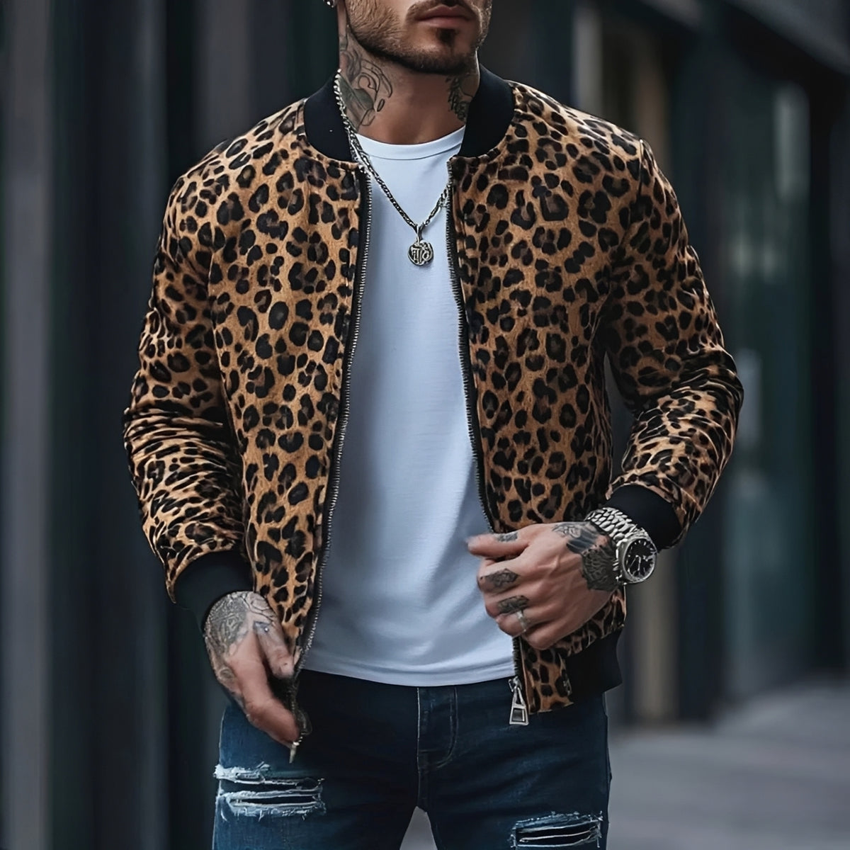 Chaqueta bomber para hombre con estampado de leopardo y cierre de cremallera