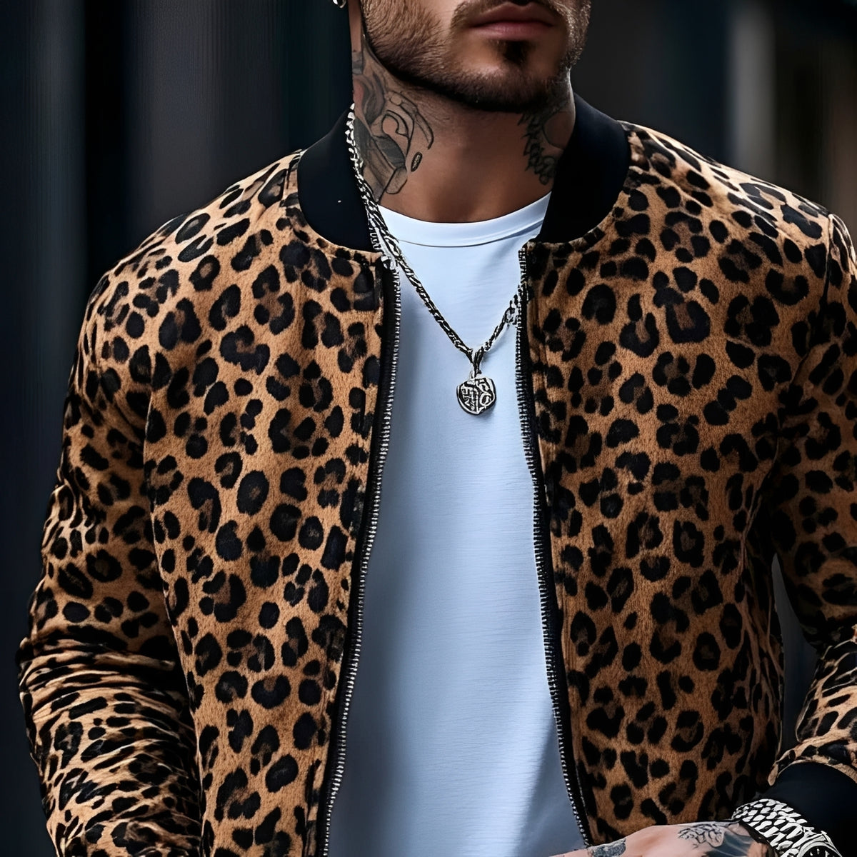 Chaqueta bomber para hombre con estampado de leopardo y cierre de cremallera