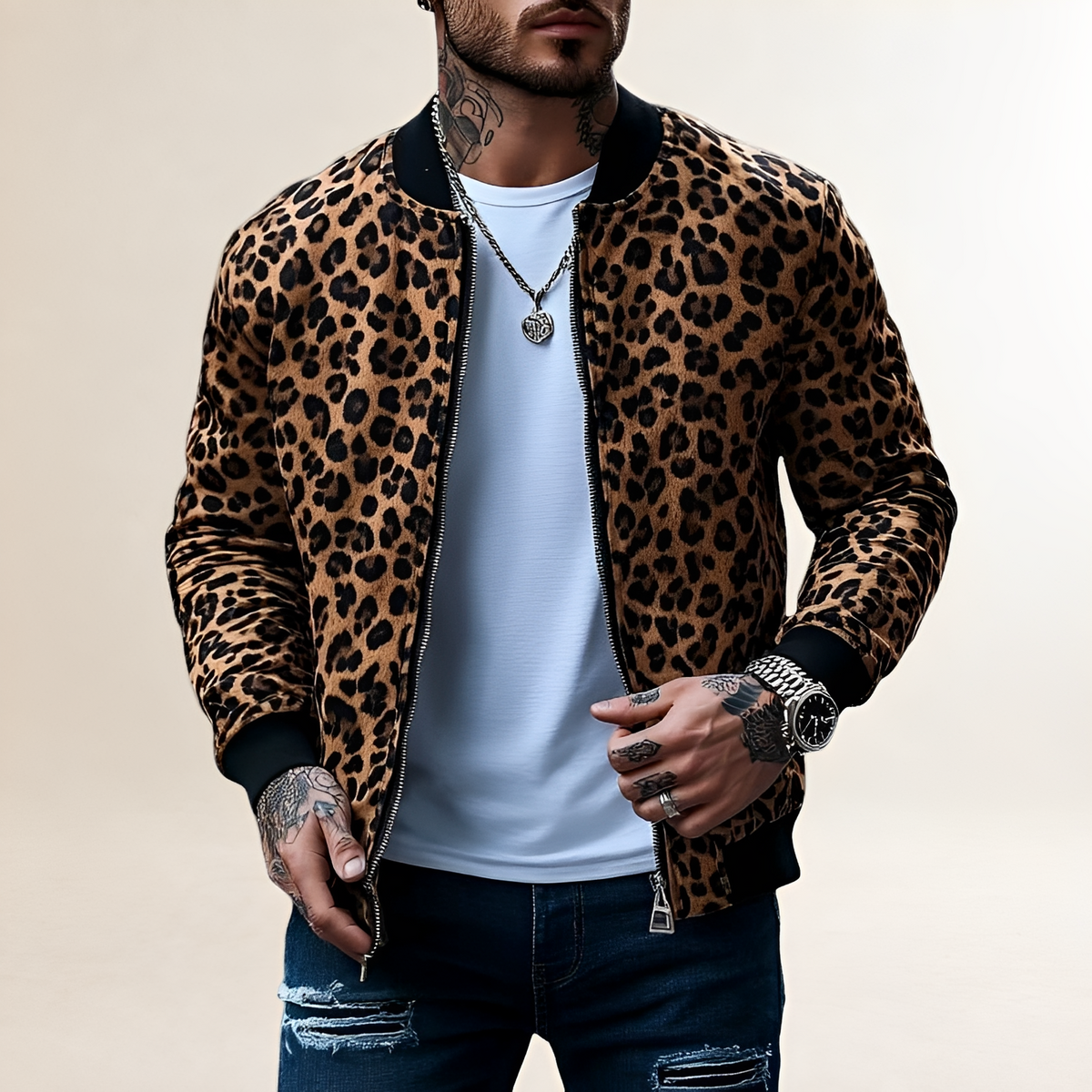 Chaqueta bomber para hombre con estampado de leopardo y cierre de cremallera