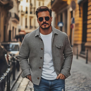 Chaqueta camisa masculina de espiga con cierre de botones y corte relajado