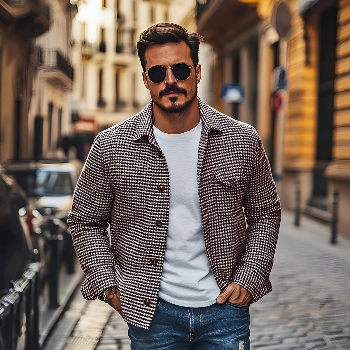 Chaqueta camisa masculina de espiga con cierre de botones y corte relajado