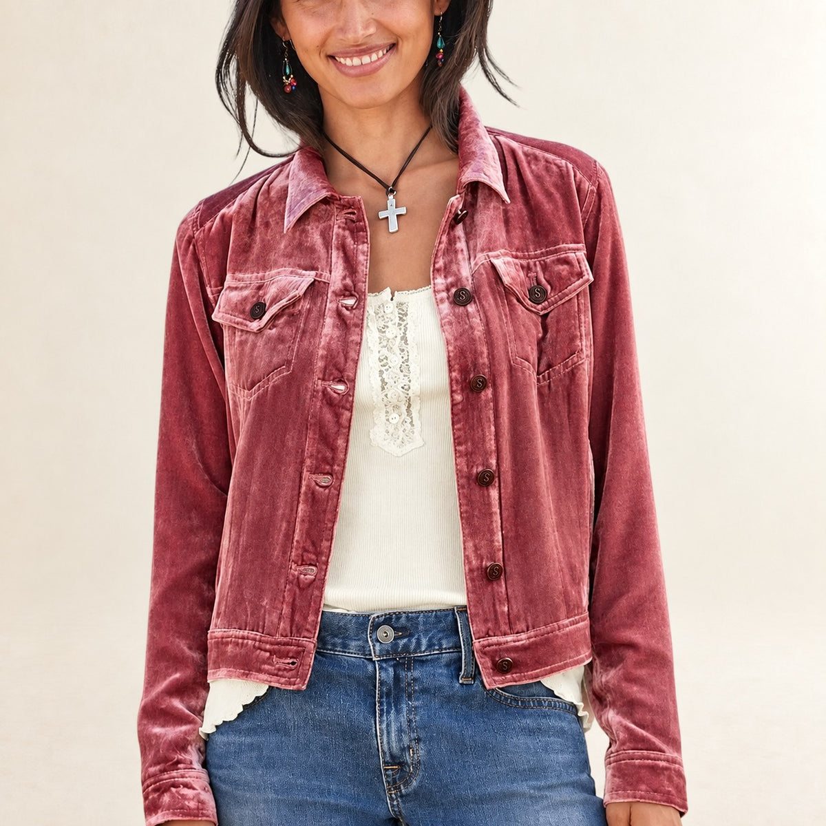 Chaqueta camisa para mujer con botonadura frontal y bolsillos en el pecho