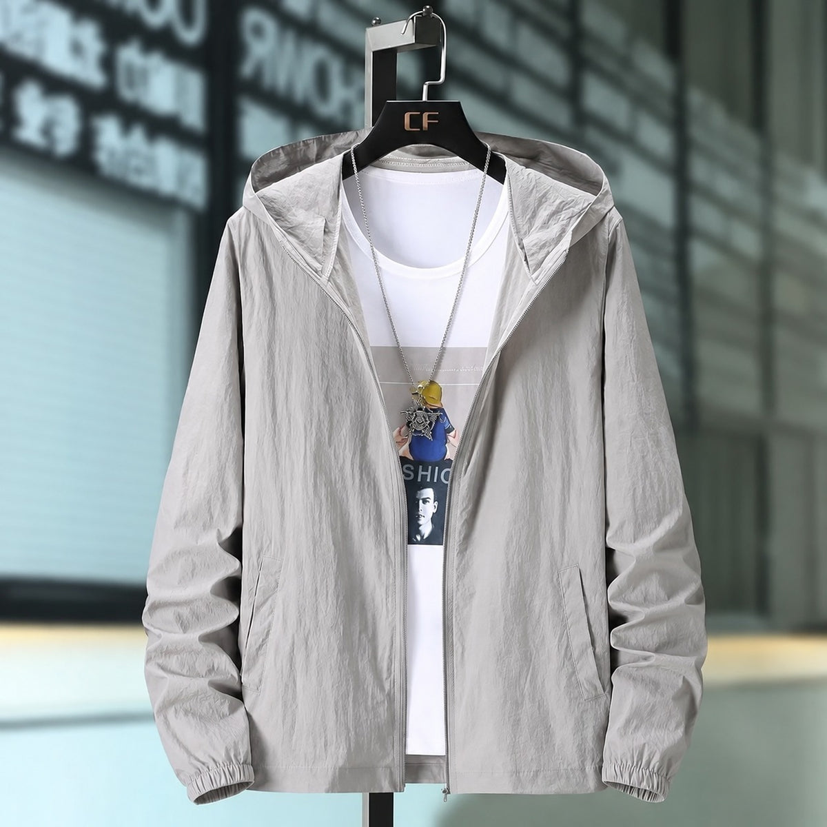 Chaqueta con capucha para hombre ligera y transpirable con cierre de cremallera