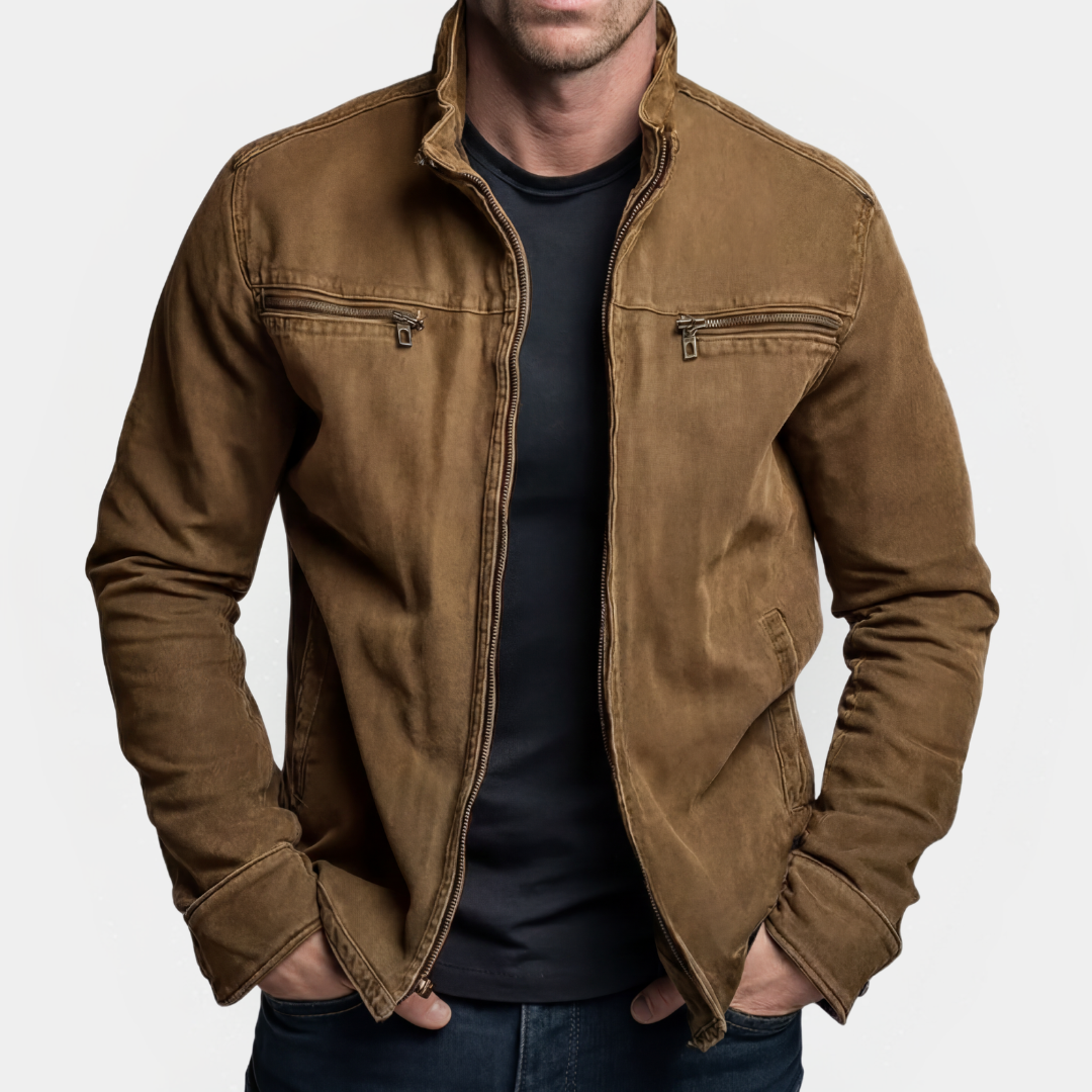 Chaqueta con cierre de cremallera para hombre con cuello stand-up y bolsillos en el pecho