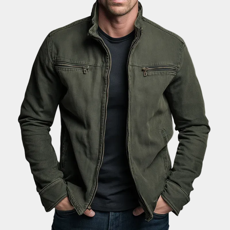 Chaqueta con cierre de cremallera para hombre con cuello stand-up y bolsillos en el pecho