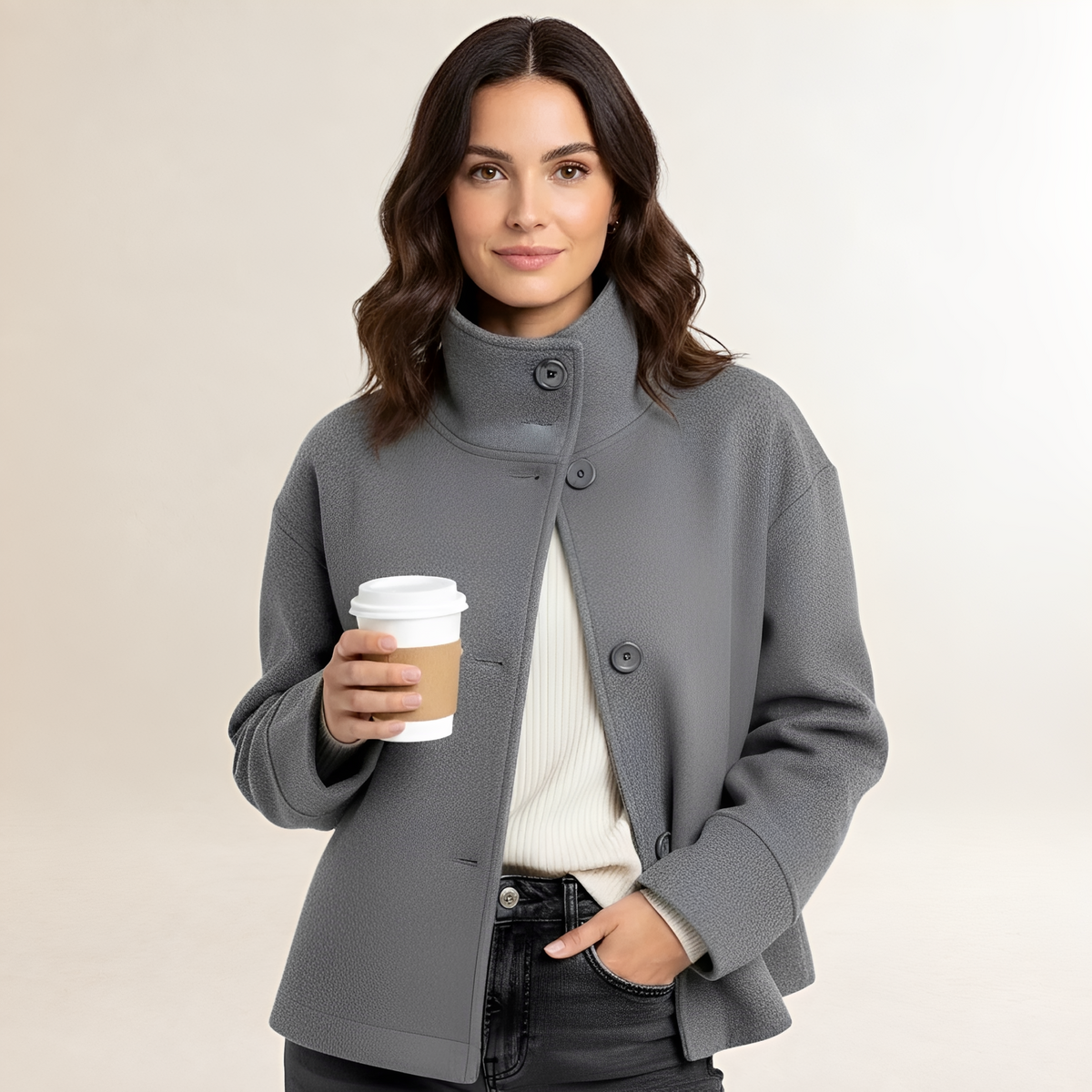 Chaqueta corta para mujer con cuello alto cierre doble de botones ajuste relajado