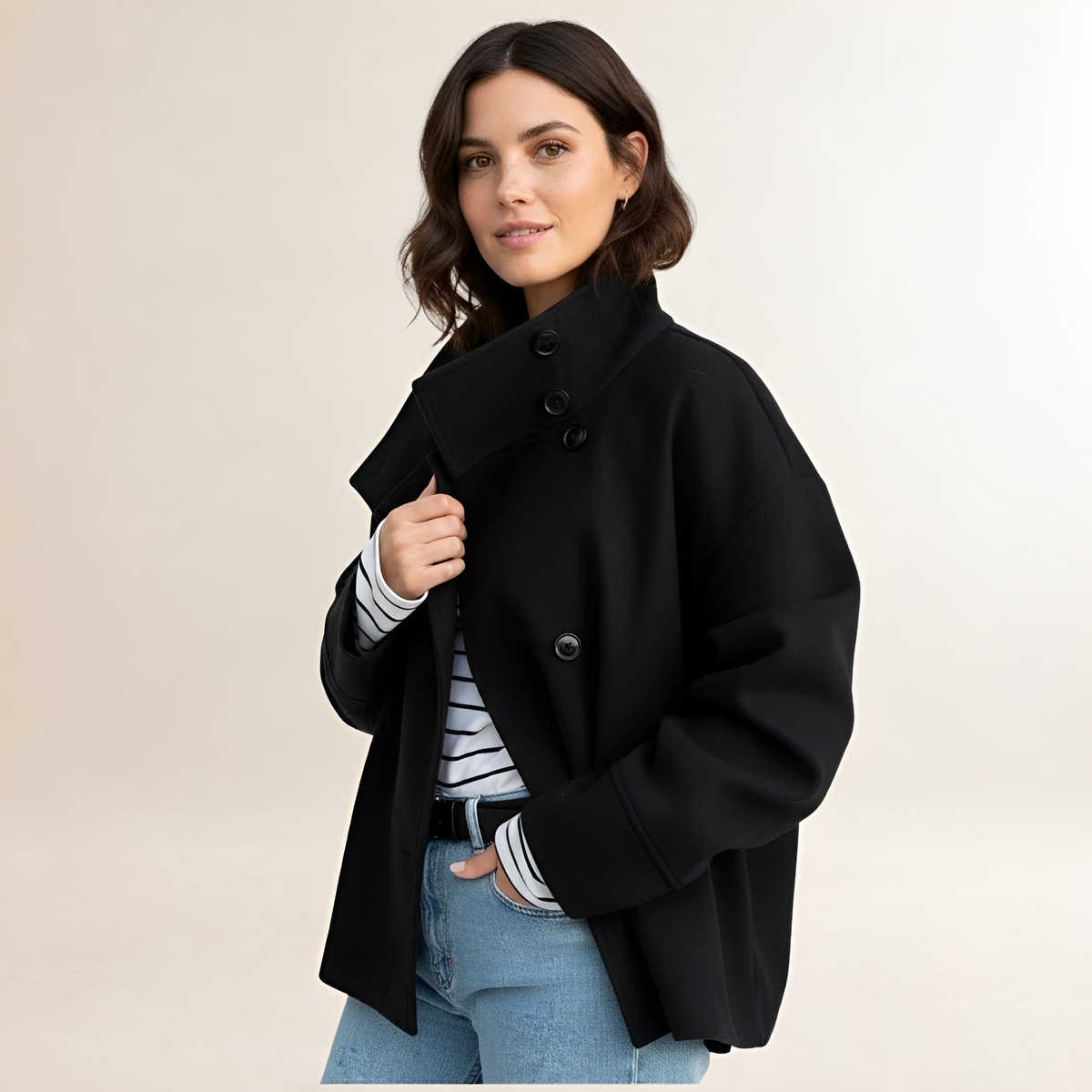 Chaqueta corta para mujer con cuello alto cierre doble de botones ajuste relajado