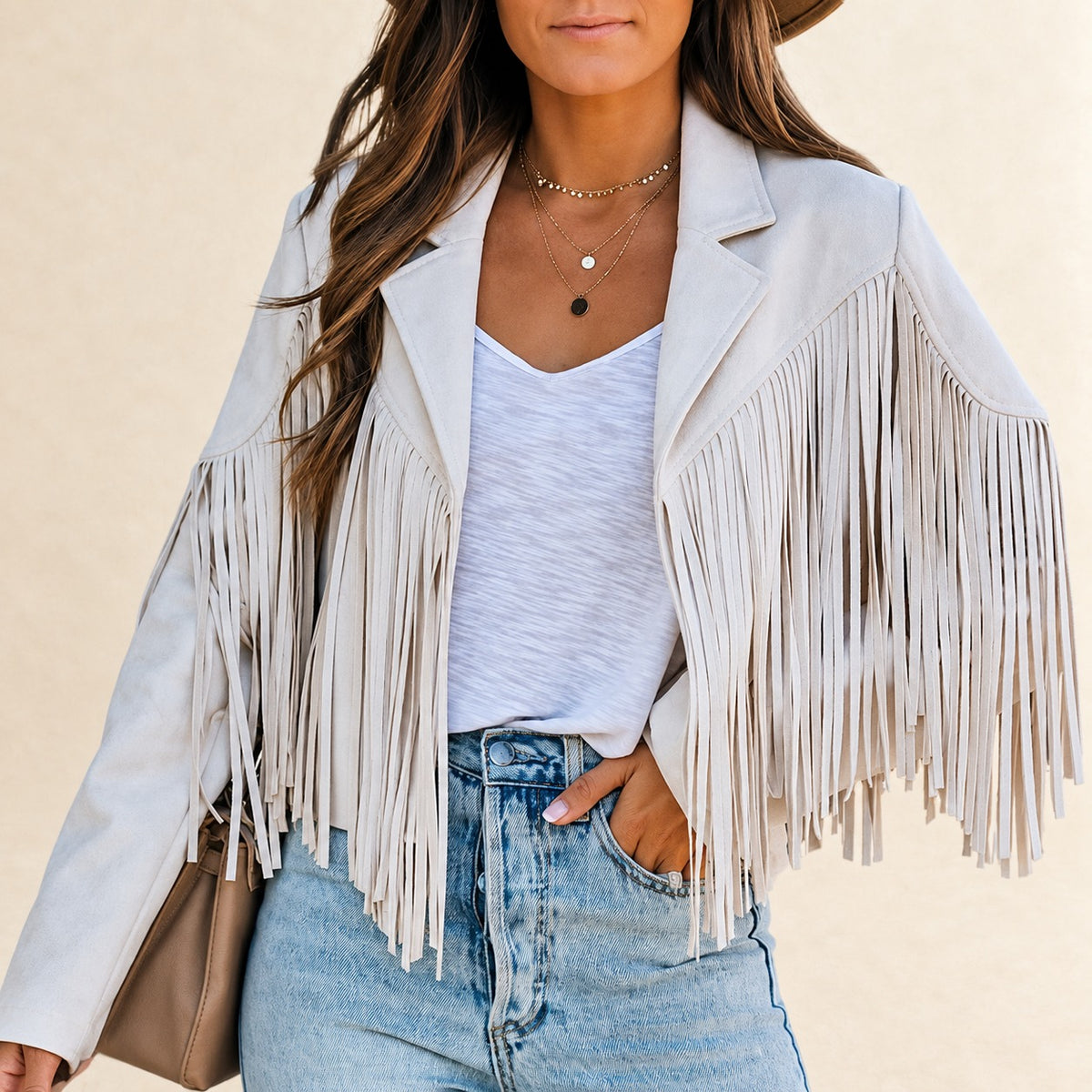 Chaqueta corta para mujer con flecos y solapa