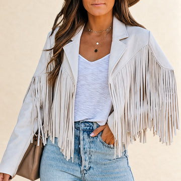 Chaqueta corta para mujer con flecos y solapa