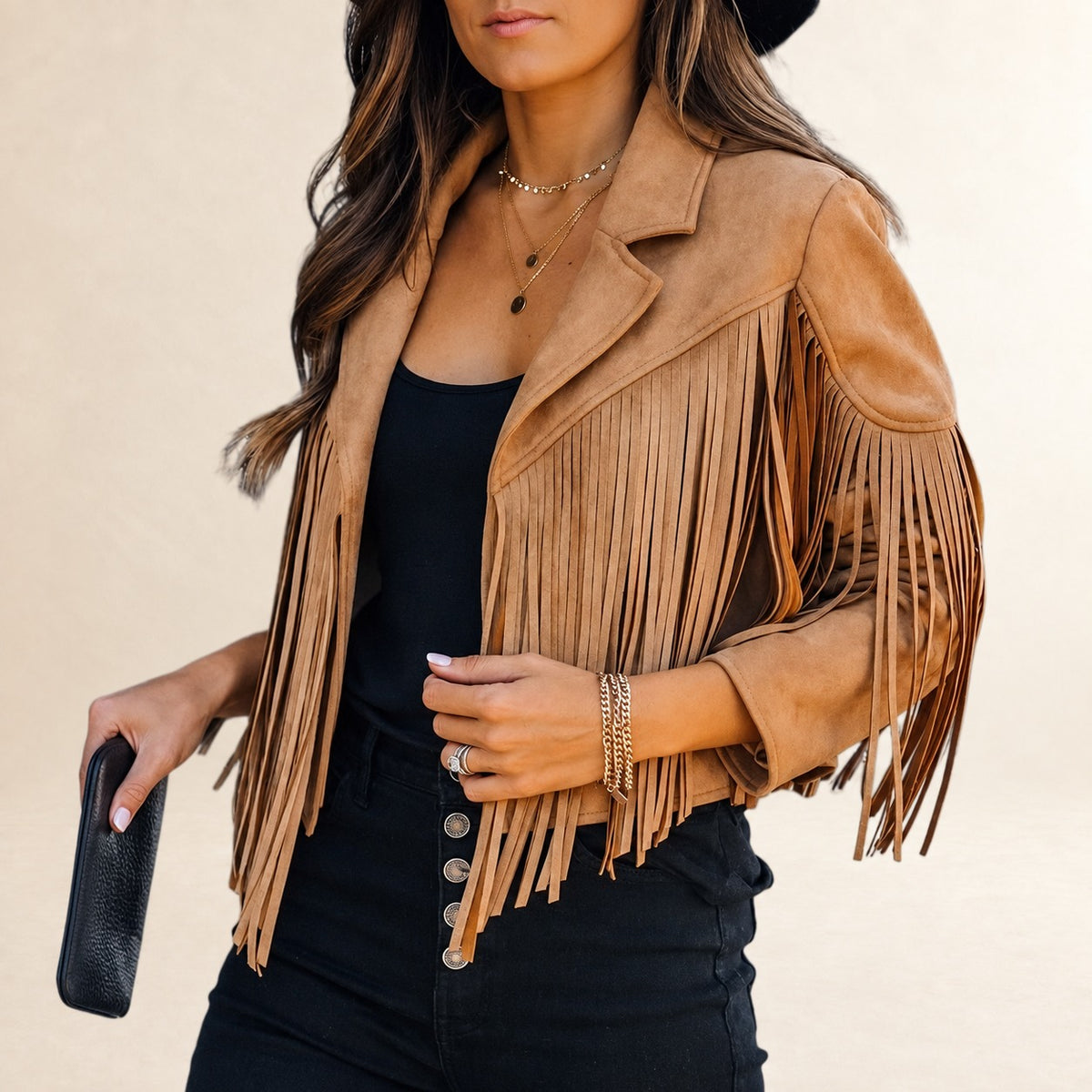 Chaqueta corta para mujer con flecos y solapa