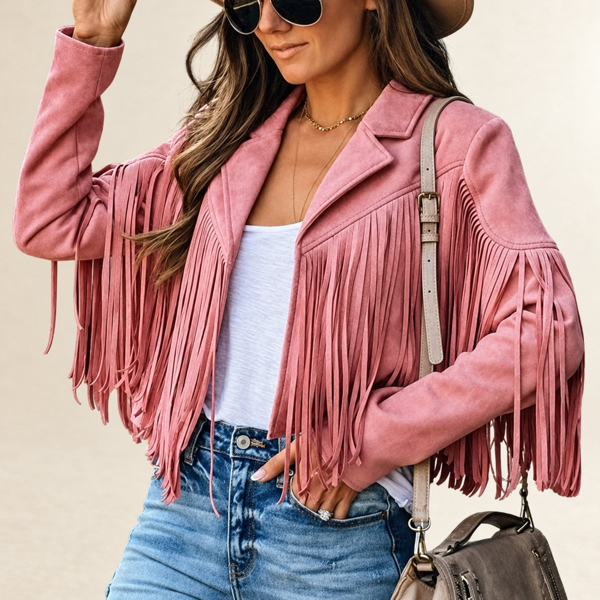 Chaqueta corta para mujer con flecos y solapa