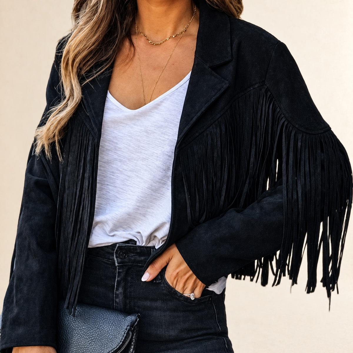 Chaqueta corta para mujer con flecos y solapa