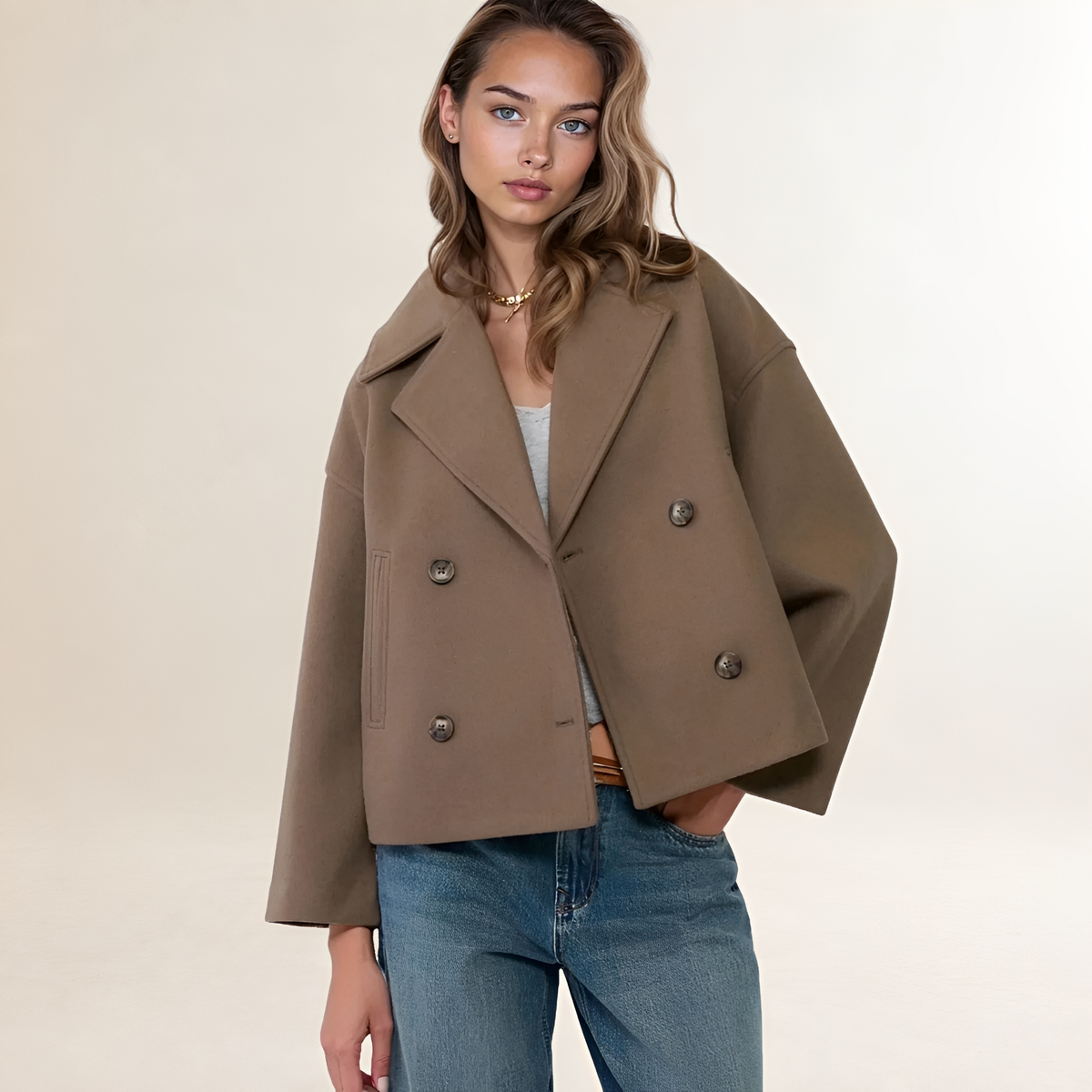 Chaqueta cruzada para mujer con diseño cropped cuello notch botones y ajuste relajado