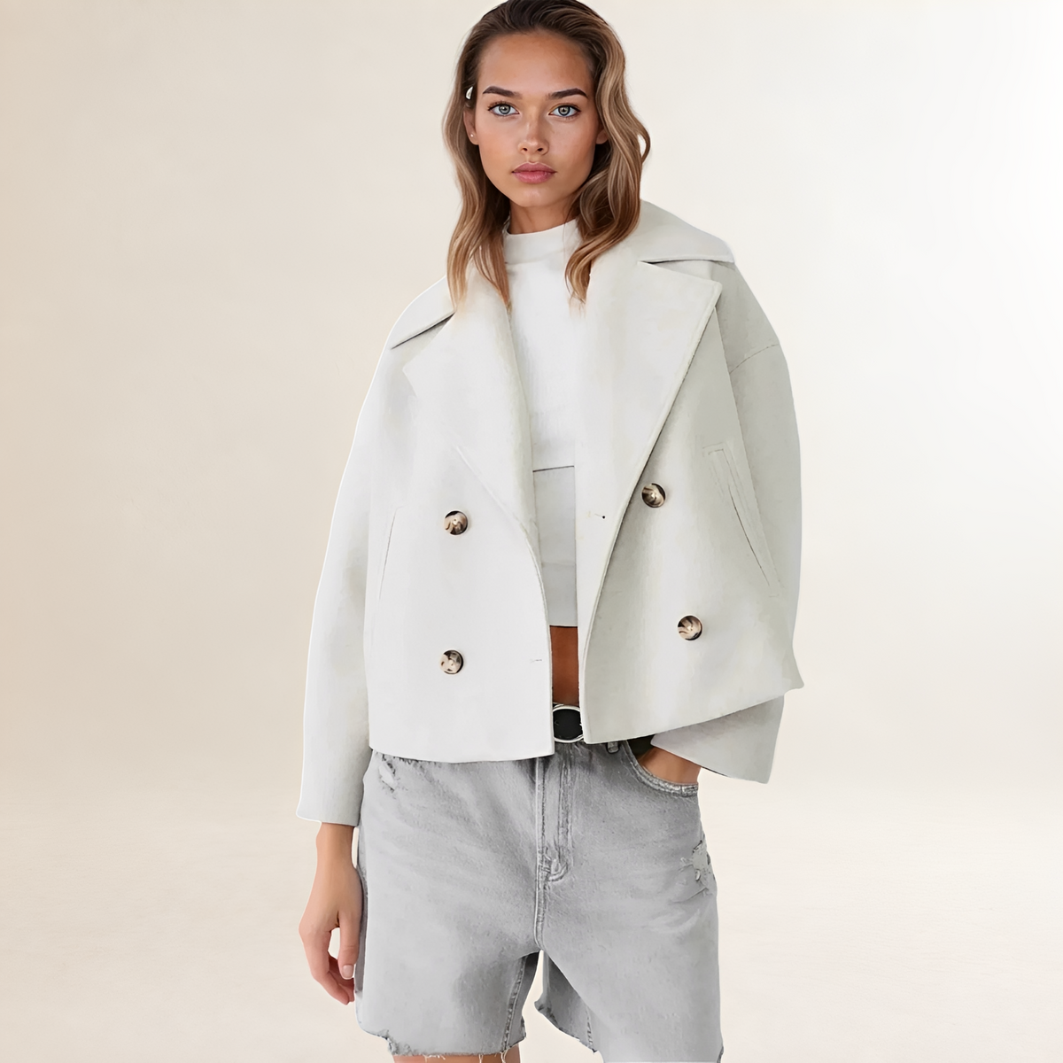 Chaqueta cruzada para mujer con diseño cropped cuello notch botones y ajuste relajado