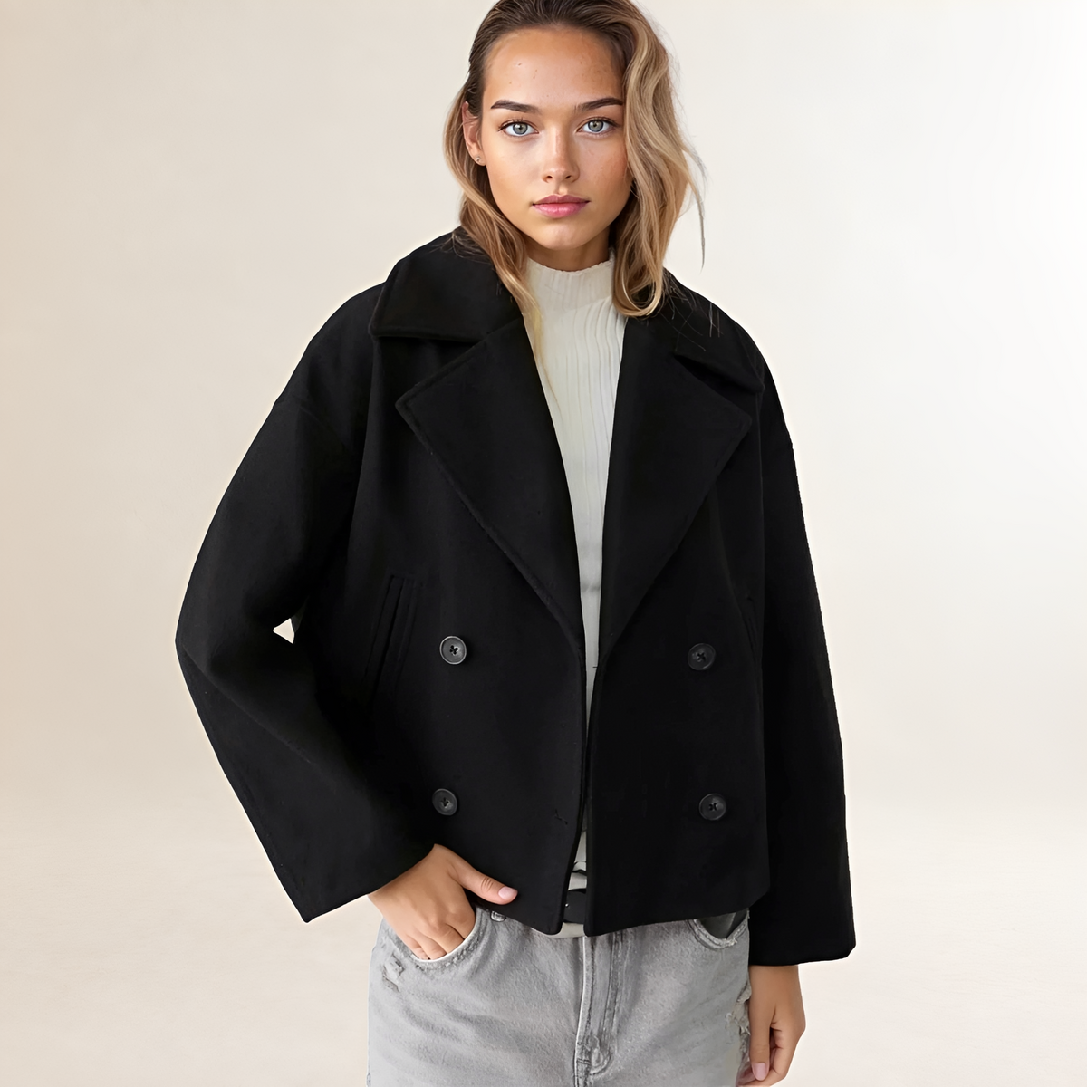 Chaqueta cruzada para mujer con diseño cropped cuello notch botones y ajuste relajado
