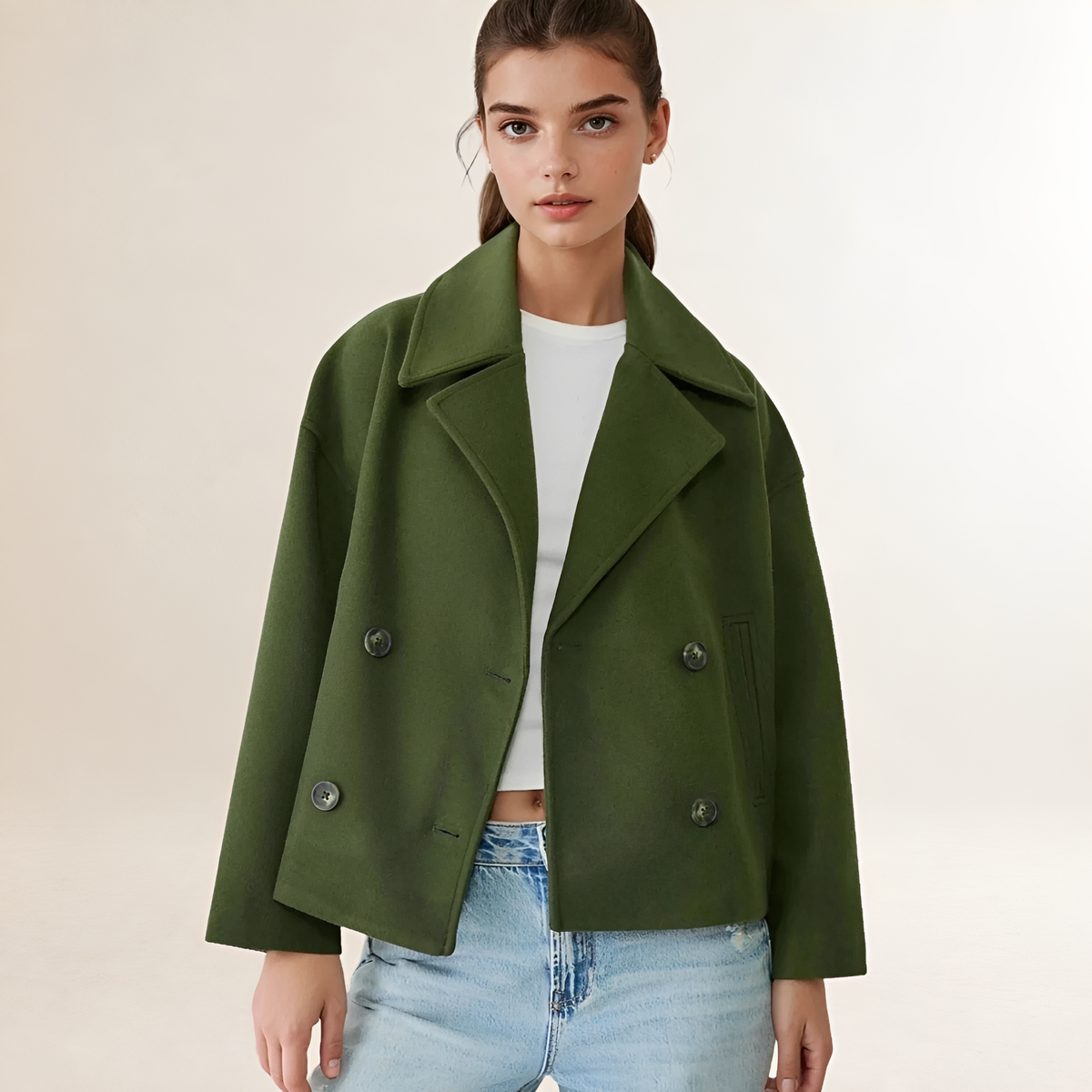 Chaqueta cruzada para mujer con diseño cropped cuello notch botones y ajuste relajado