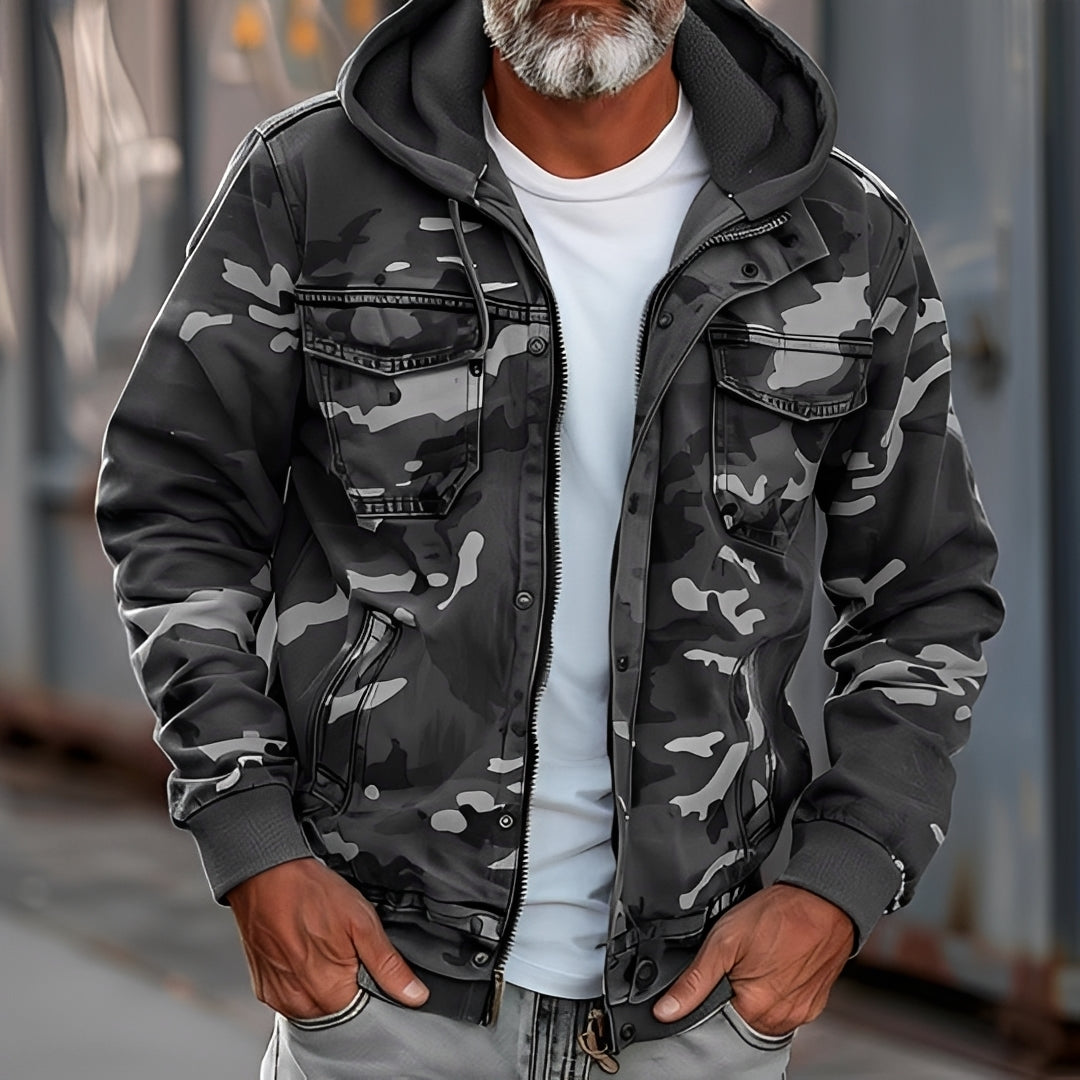 Chaqueta de camuflaje para hombre con capucha y bolsillos en el pecho ajuste casual