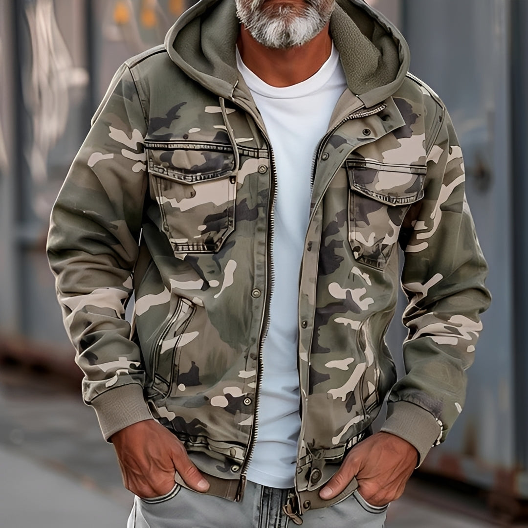 Chaqueta de camuflaje para hombre con capucha y bolsillos en el pecho ajuste casual