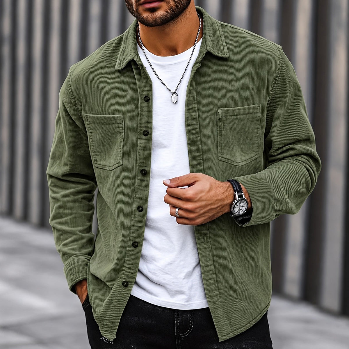 Chaqueta de cordón para hombre con cierre de botones y cuello clásico