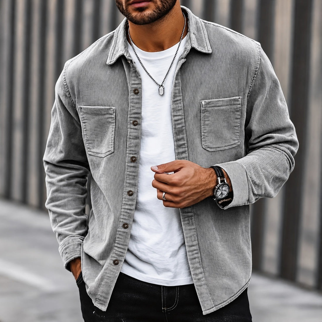 Chaqueta de cordón para hombre con cierre de botones y cuello clásico