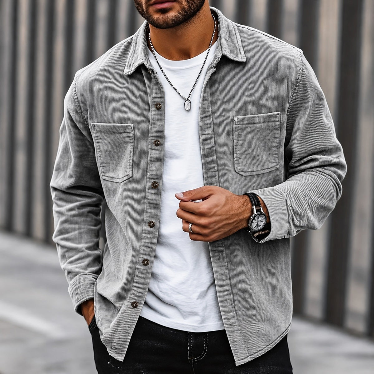 Chaqueta de cordón para hombre con cierre de botones y cuello clásico