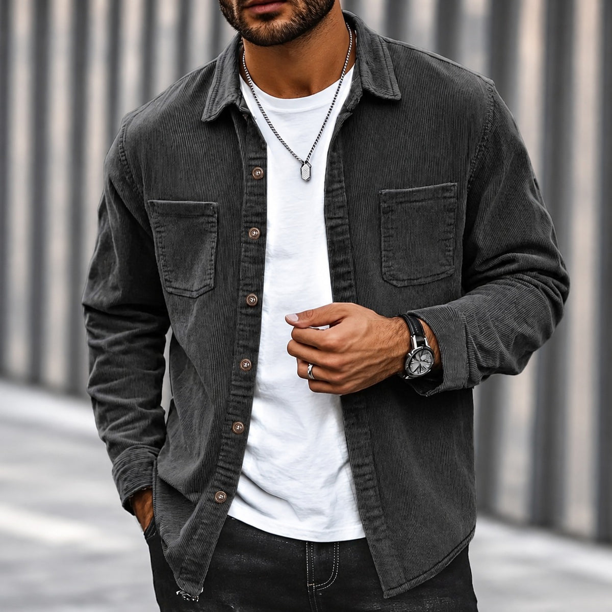 Chaqueta de cordón para hombre con cierre de botones y cuello clásico