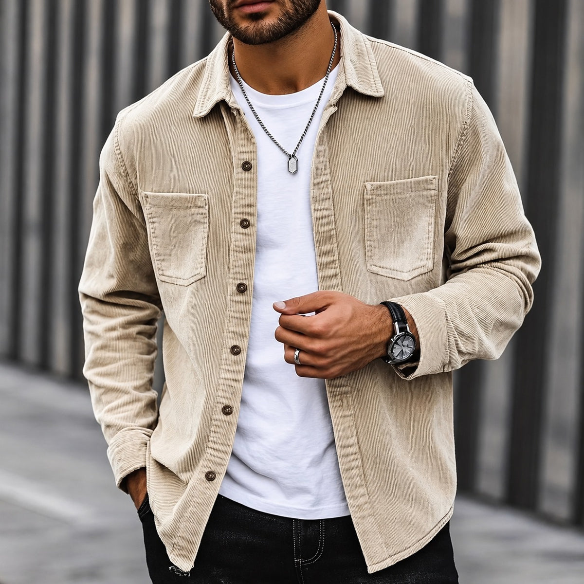 Chaqueta de cordón para hombre con cierre de botones y cuello clásico