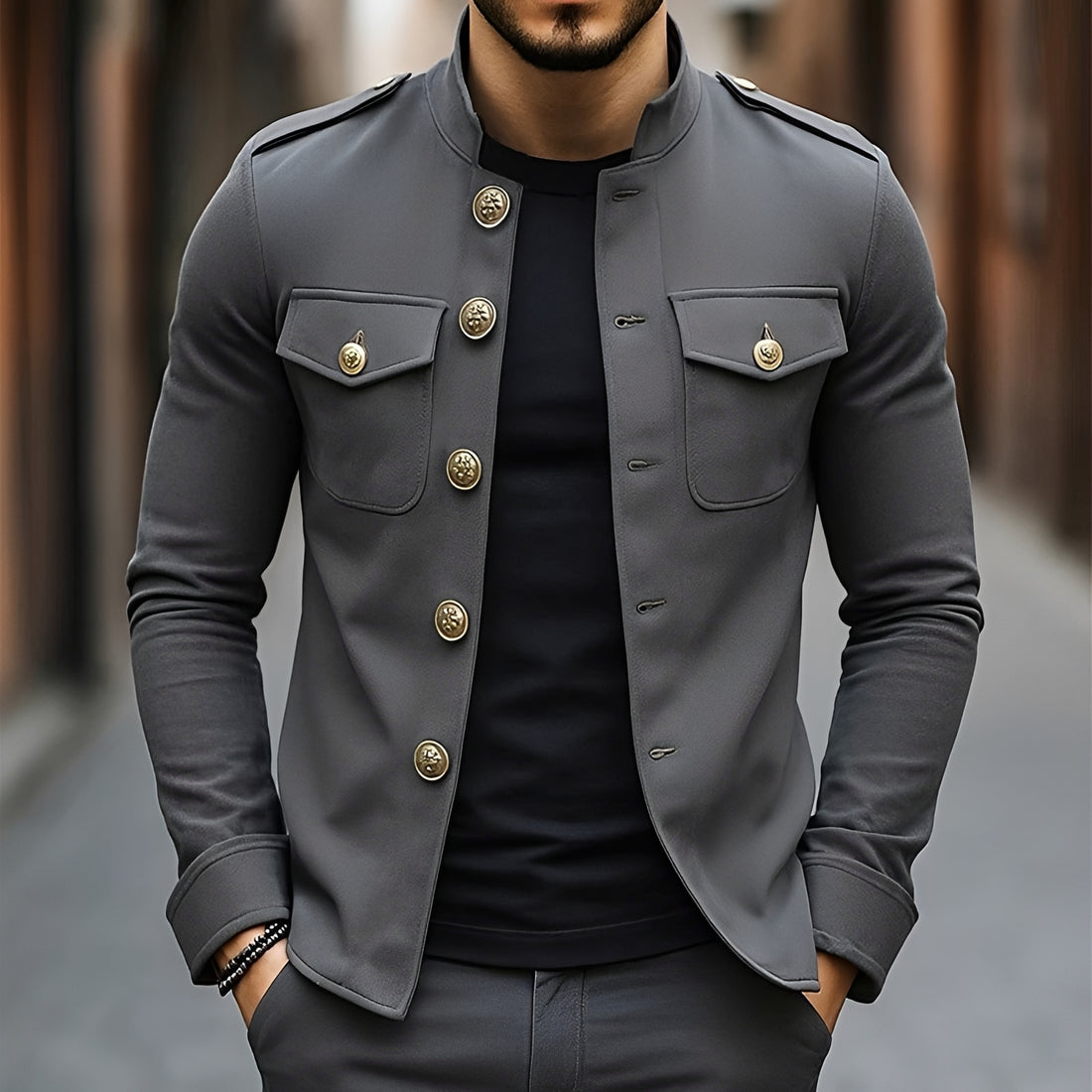 Chaqueta de estilo militar para hombre con cuello alto y botones - Manga larga