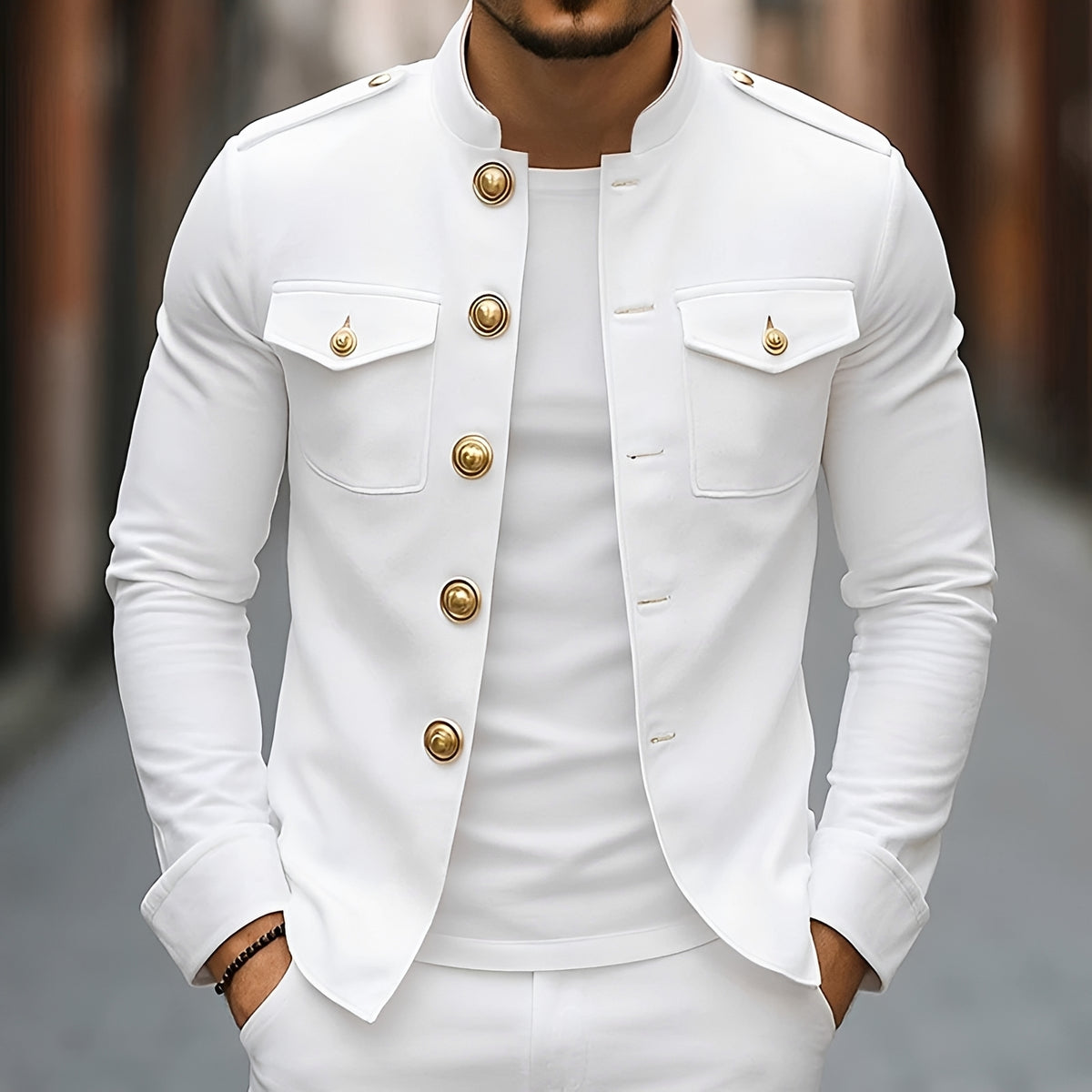 Chaqueta de estilo militar para hombre con cuello alto y botones - Manga larga