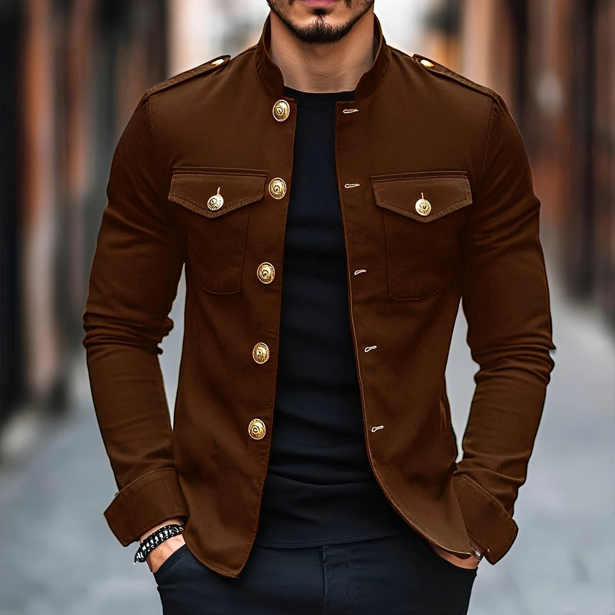 Chaqueta de estilo militar para hombre con cuello alto y botones - Manga larga