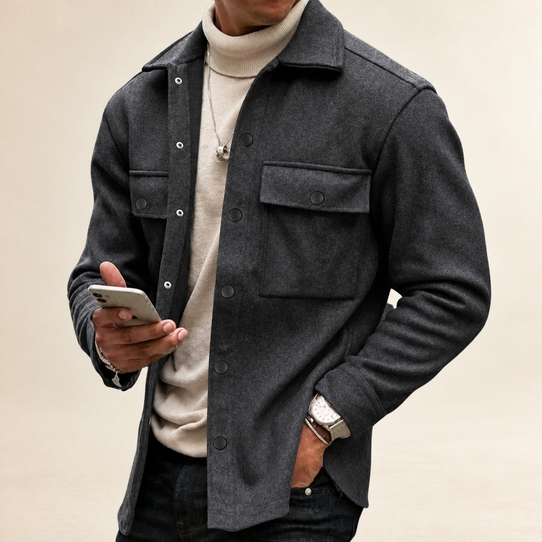 Chaqueta de hombre de botones con bolsillos - corte casual manga larga