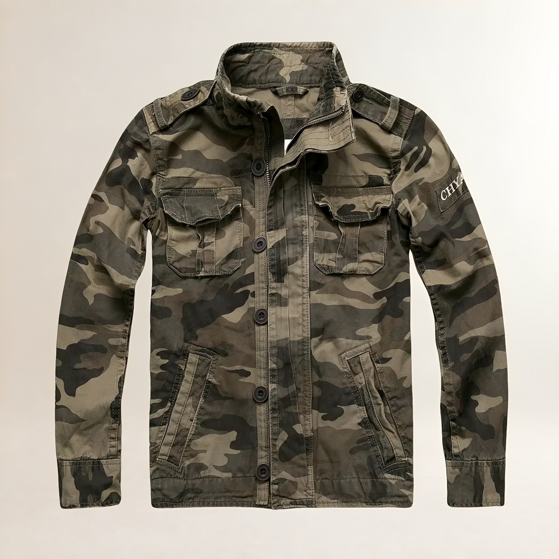 Chaqueta de hombre estilo militar con múltiples bolsillos y cierre de botones