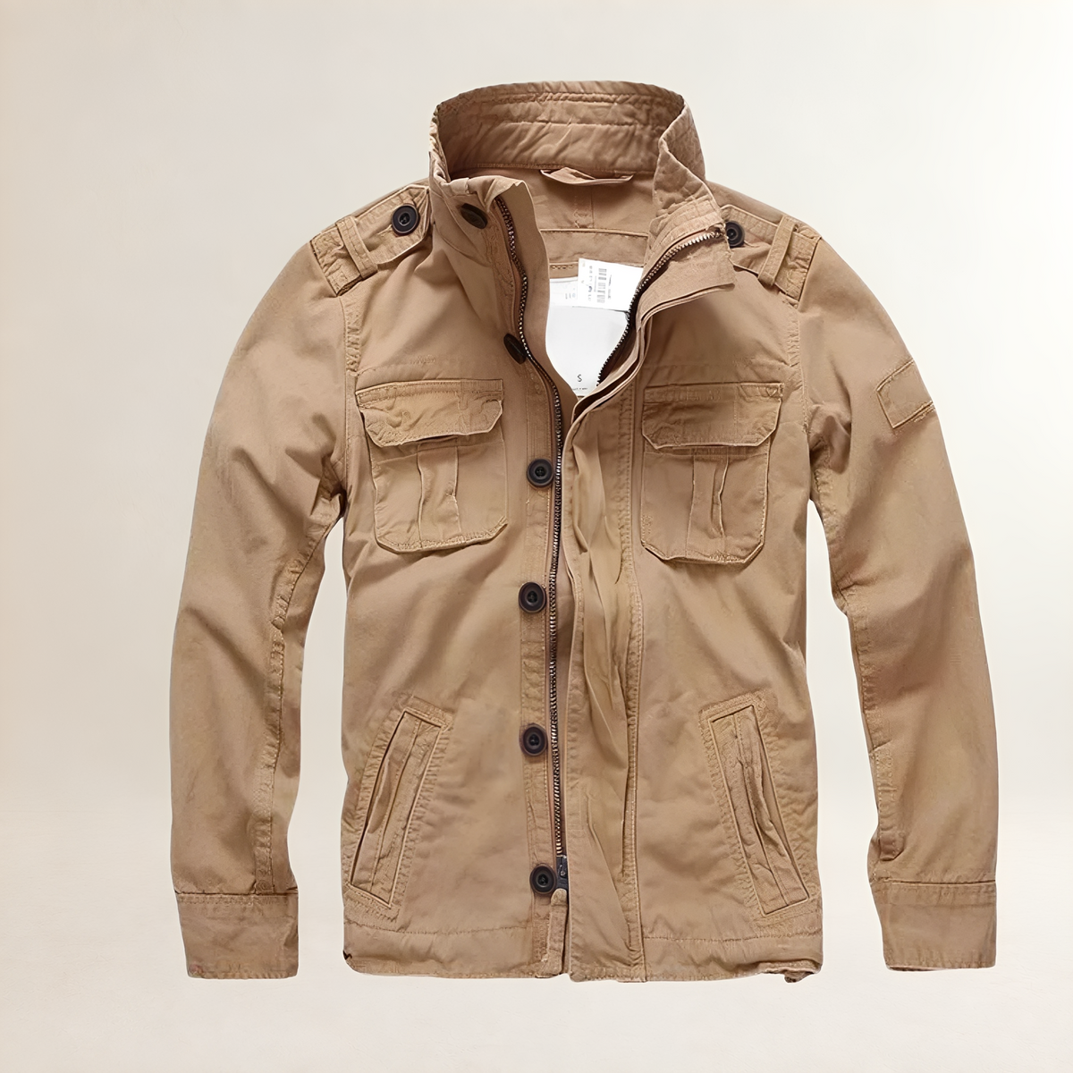 Chaqueta de hombre estilo militar con múltiples bolsillos y cierre de botones