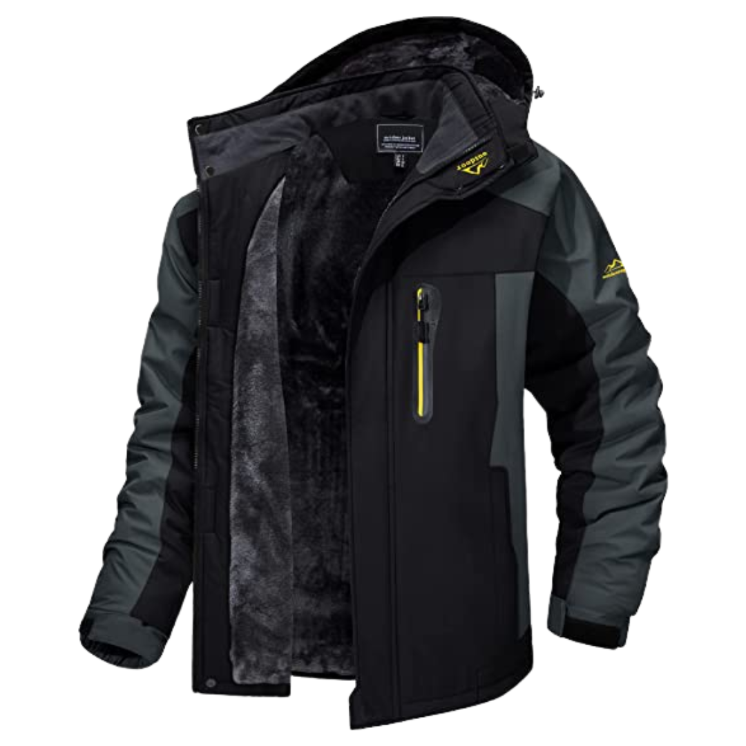 Chaqueta de invierno aislante para hombre con capucha extraíble y cuello alto - bolsillo en el pecho con cremallera