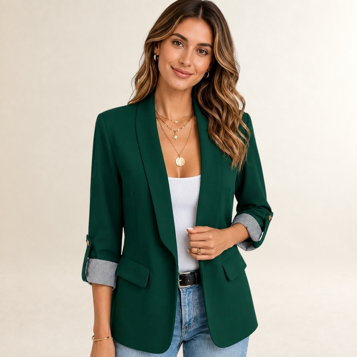 Chaqueta de mujer blazer abierto con mangas fruncidas ajuste entallado