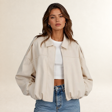 Chaqueta de mujer bomber oversize con cuello estructurado y cierre frontal