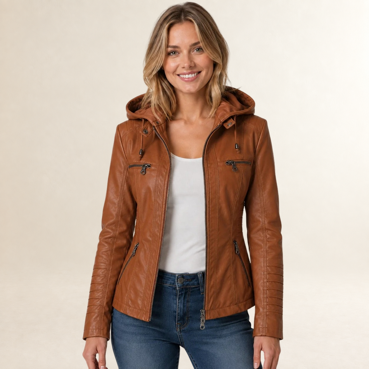 Chaqueta de mujer con capucha desmontable y cierre de cremallera completa - Corte regular