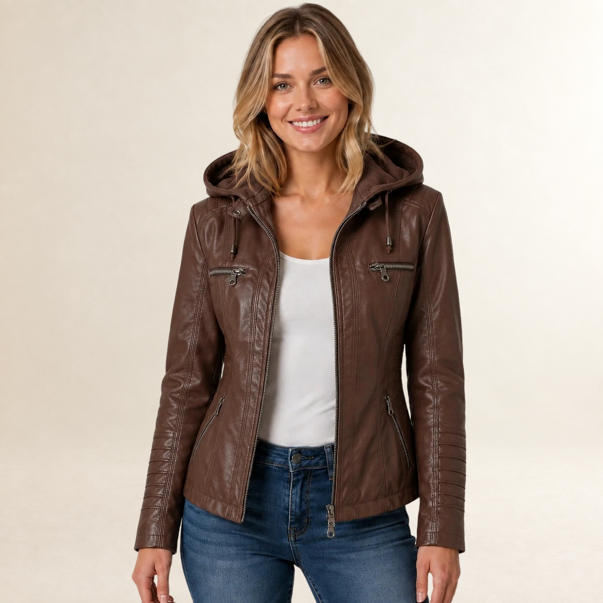Chaqueta de mujer con capucha desmontable y cierre de cremallera completa - Corte regular